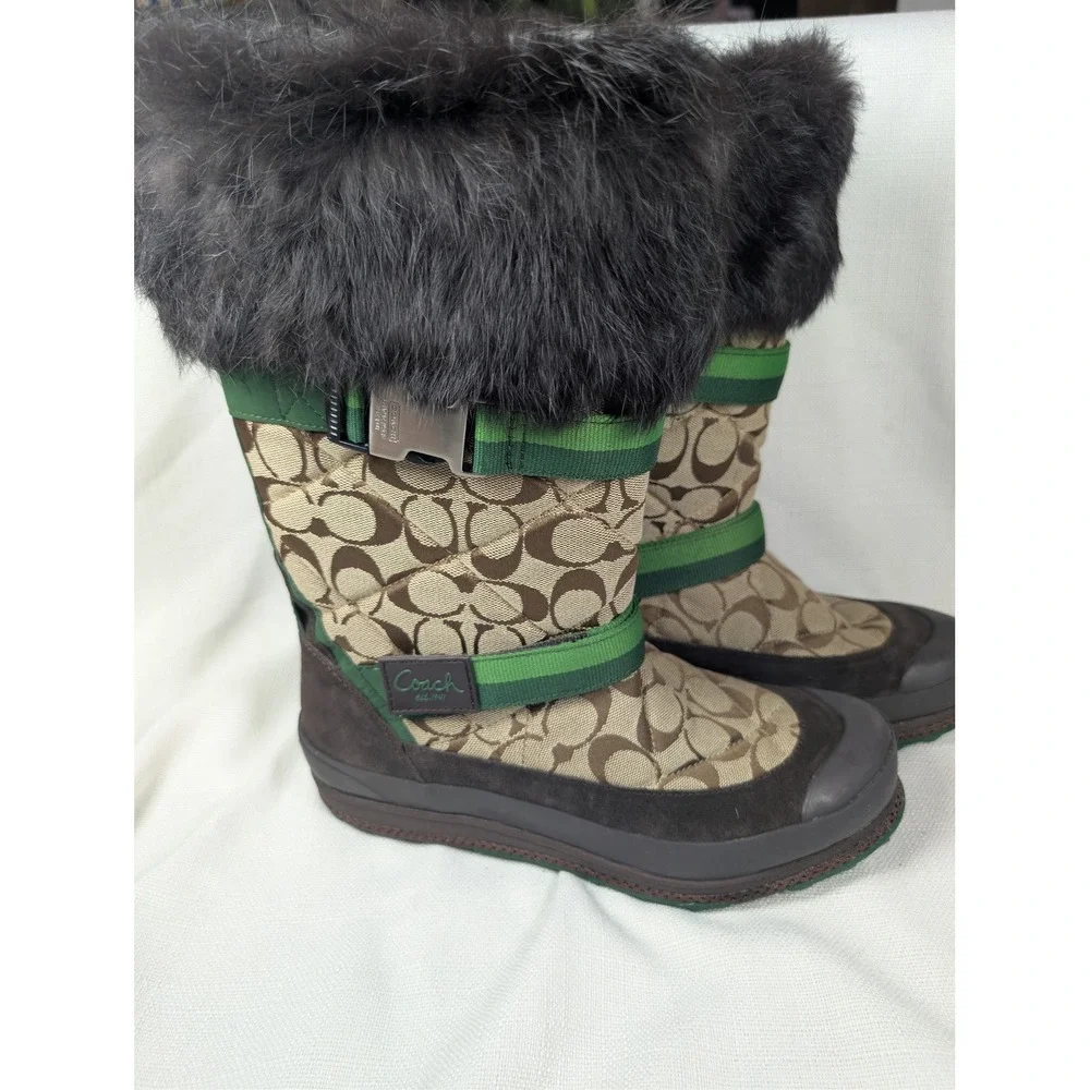 Coach Mariette Winter Snow Boots Womens 10 Khaki Green Signature Fur Trim - Picture 2 of 8